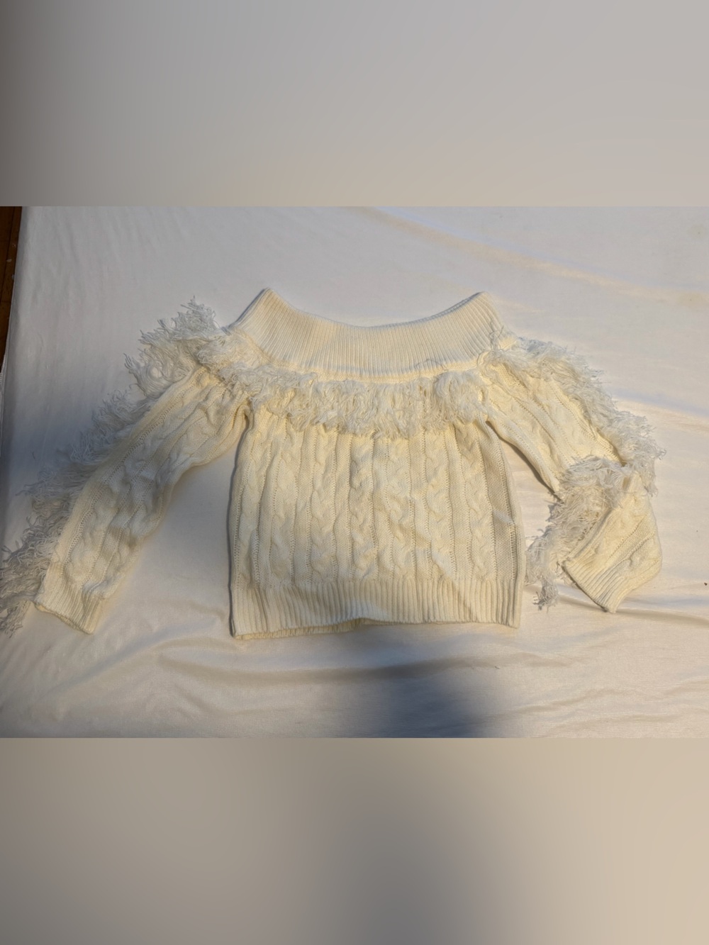 Off-Shoulder Fringe Cable-Knit Sweater - Cream